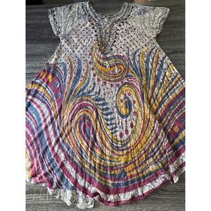 AB Paisley Tunic Dress Boho Hippie Lace Up Embroidered Flowy Summer